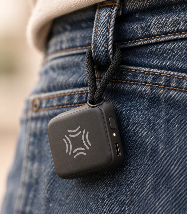 The Earshot mic clipped to a rep's jeans belt loop